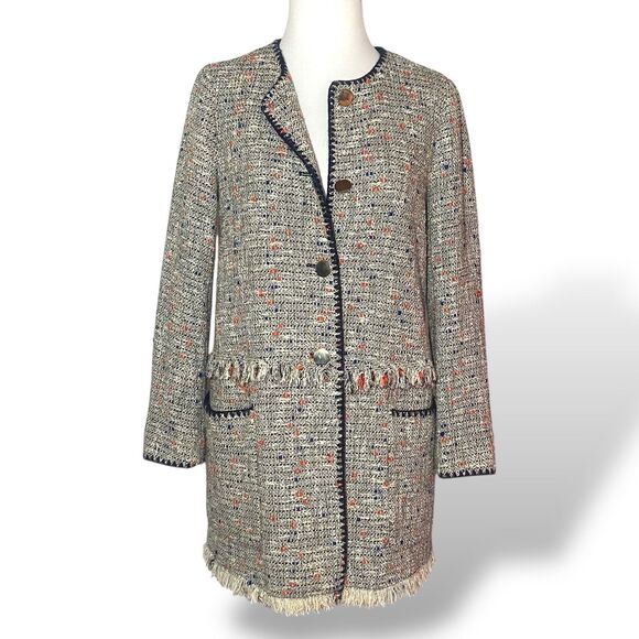 Zara Women Elongated Blazer Fringe Tweed Coat Jacket Size XS Multicolor Academia - Picture 1 of 12